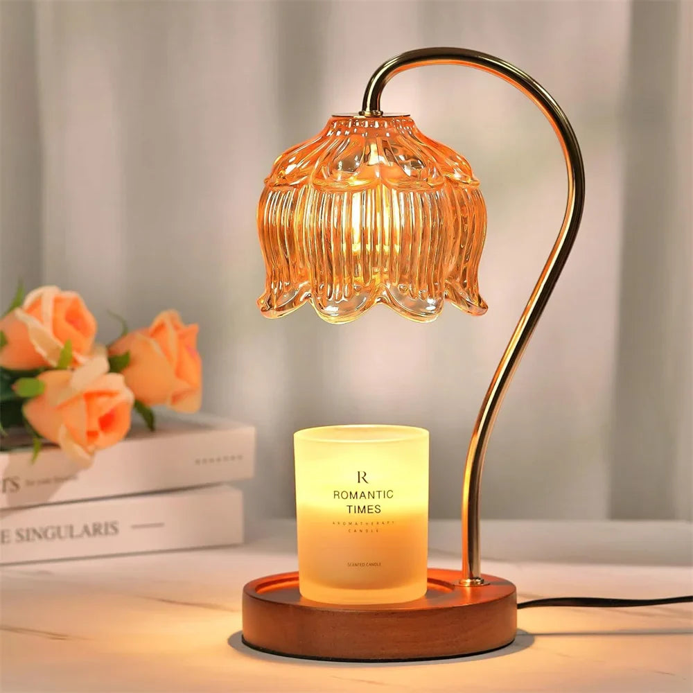 Lámpara calentadora de velas | Pantalla de vidrio retro y base de madera maciza
