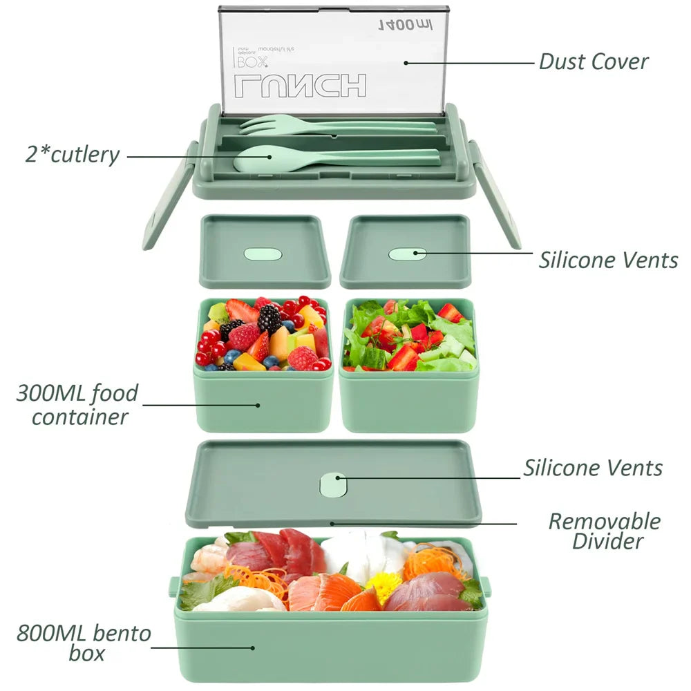 Caja Bento de Doble Capa de 1400ml | Lonchera Portátil con Tenedor y Cuchara – Recipiente para Alimentos Seguro para Microondas para Niños y Adultos