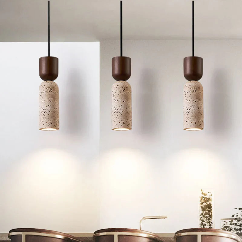 Lámpara colgante de travertino y madera Wabi-Sabi | Iluminación minimalista japonesa para mesita de noche