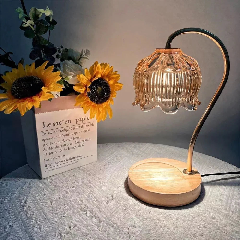 Lámpara calentadora de velas | Pantalla de vidrio retro y base de madera maciza