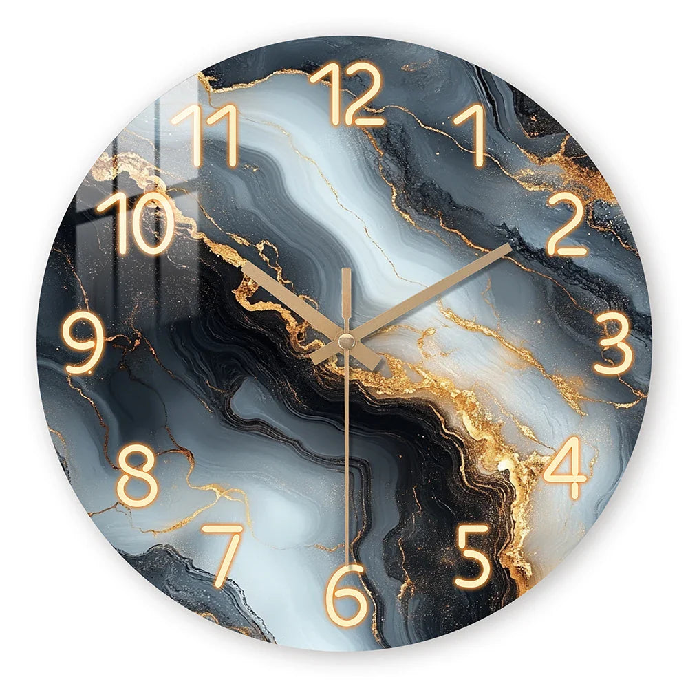 Reloj de Pared de Mármol Azul y Dorado | Diseño Silencioso de Madera