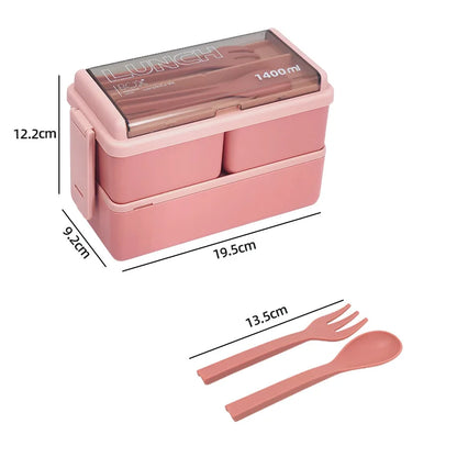 Caja Bento de Doble Capa de 1400ml | Lonchera Portátil con Tenedor y Cuchara – Recipiente para Alimentos Seguro para Microondas para Niños y Adultos
