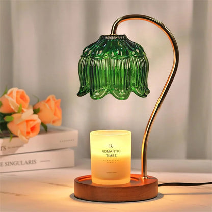 Lámpara calentadora de velas | Pantalla de vidrio retro y base de madera maciza