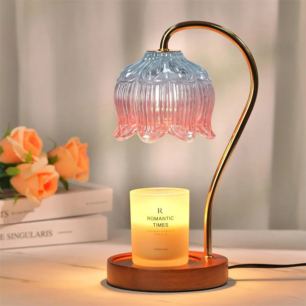 Lámpara calentadora de velas | Pantalla de vidrio retro y base de madera maciza