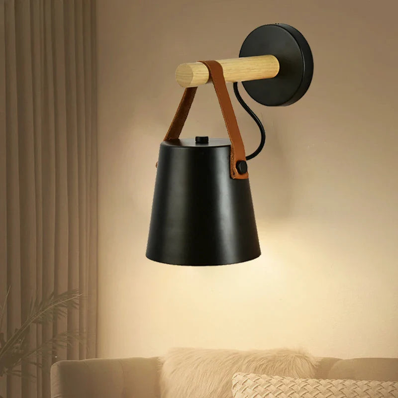 Lámpara de Pared de Madera y Cuero Nórdica | Luz Colgante para Mesita de Noche