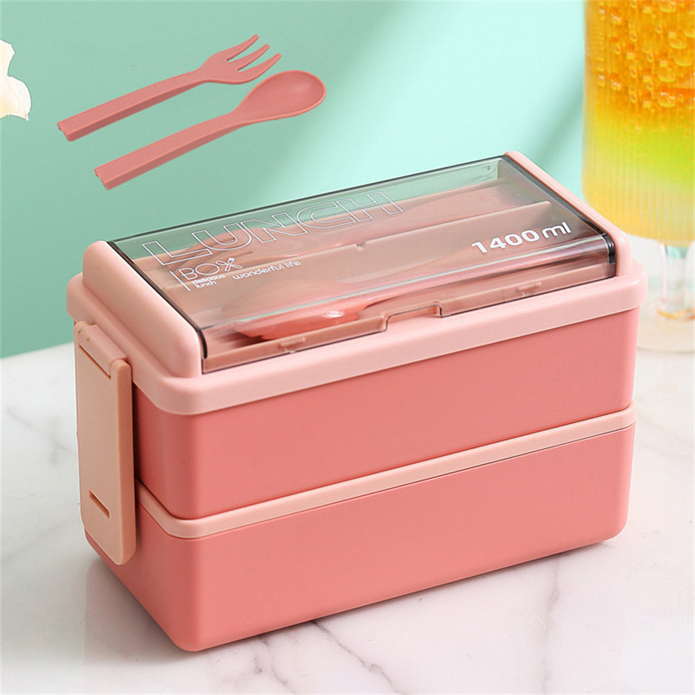 Caja Bento de Doble Capa de 1400ml | Lonchera Portátil con Tenedor y Cuchara – Recipiente para Alimentos Seguro para Microondas para Niños y Adultos