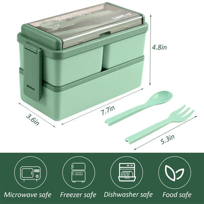 Caja Bento de Doble Capa de 1400ml | Lonchera Portátil con Tenedor y Cuchara – Recipiente para Alimentos Seguro para Microondas para Niños y Adultos