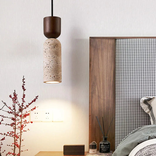 Lámpara colgante de travertino y madera Wabi-Sabi | Iluminación minimalista japonesa para mesita de noche