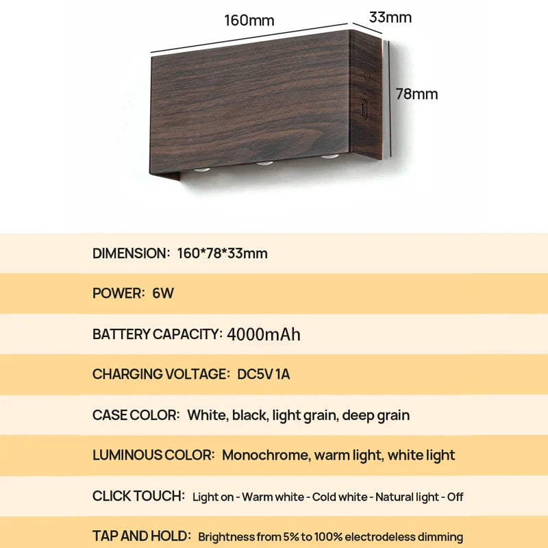 Lámpara de Pared Recargable LumiBlock | Diseño Minimalista con Textura de Madera