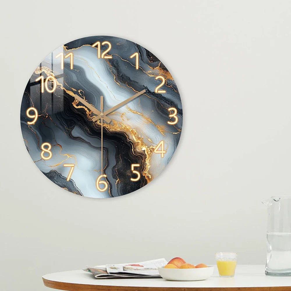 Reloj de Pared de Mármol Azul y Dorado | Diseño Silencioso de Madera