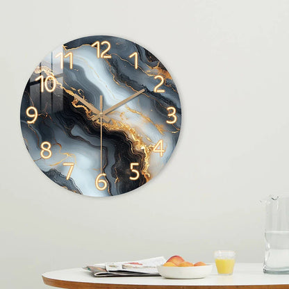 Reloj de Pared de Mármol Azul y Dorado | Diseño Silencioso de Madera