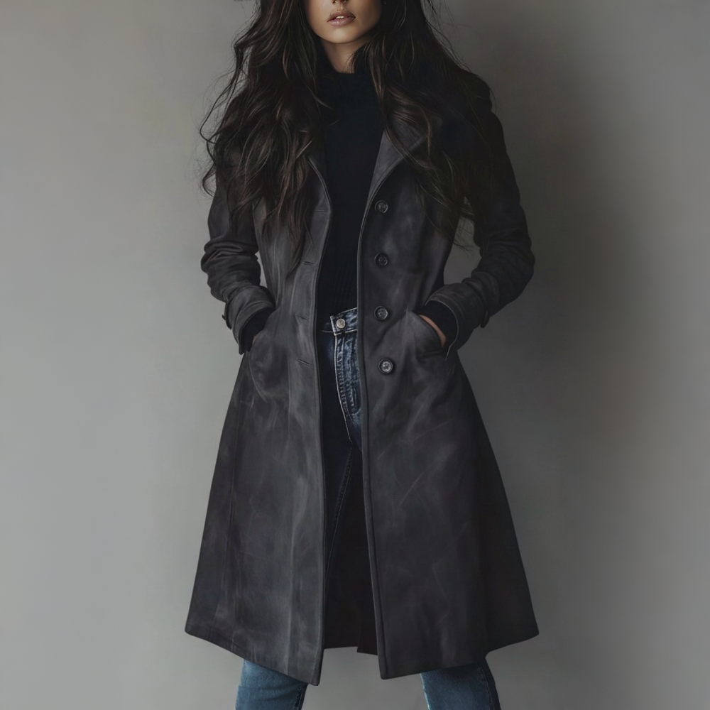 Abrigo largo de ante para mujer con botones delanteros, ideal para otoño