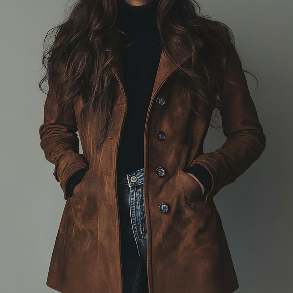 Abrigo largo de ante para mujer con botones delanteros, ideal para otoño