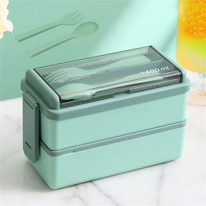 Caja Bento de Doble Capa de 1400ml | Lonchera Portátil con Tenedor y Cuchara – Recipiente para Alimentos Seguro para Microondas para Niños y Adultos