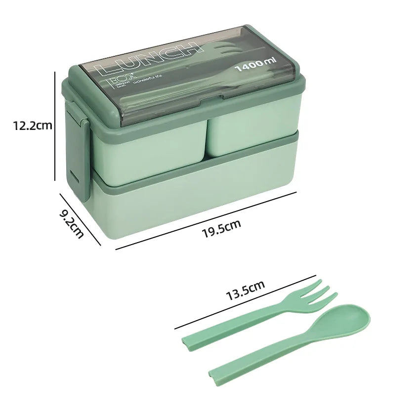 Caja Bento de Doble Capa de 1400ml | Lonchera Portátil con Tenedor y Cuchara – Recipiente para Alimentos Seguro para Microondas para Niños y Adultos