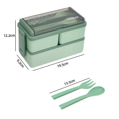 Caja Bento de Doble Capa de 1400ml | Lonchera Portátil con Tenedor y Cuchara – Recipiente para Alimentos Seguro para Microondas para Niños y Adultos