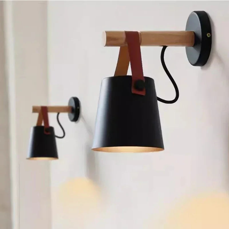 Lámpara de Pared de Madera y Cuero Nórdica | Luz Colgante para Mesita de Noche
