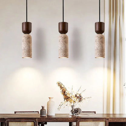 Lámpara colgante de travertino y madera Wabi-Sabi | Iluminación minimalista japonesa para mesita de noche