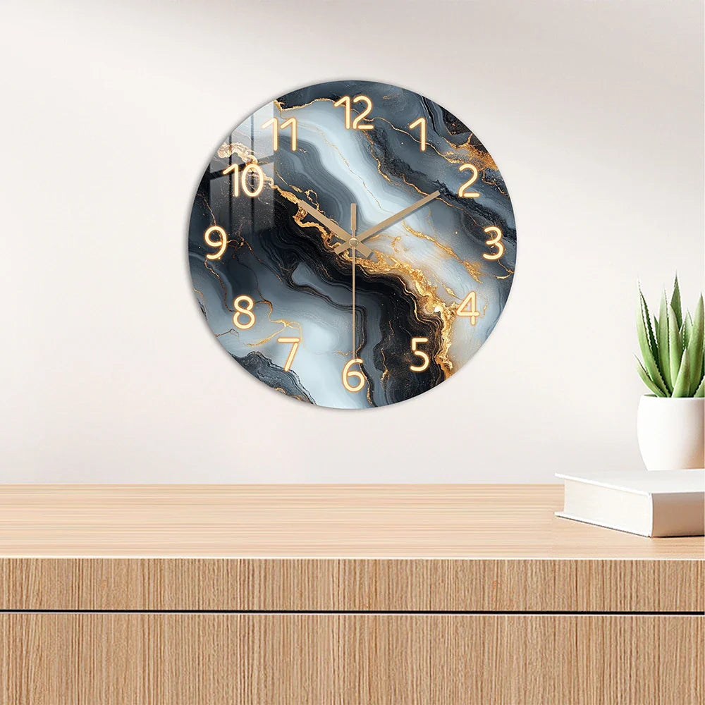 Reloj de Pared de Mármol Azul y Dorado | Diseño Silencioso de Madera