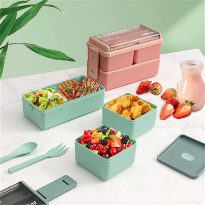 Caja Bento de Doble Capa de 1400ml | Lonchera Portátil con Tenedor y Cuchara – Recipiente para Alimentos Seguro para Microondas para Niños y Adultos