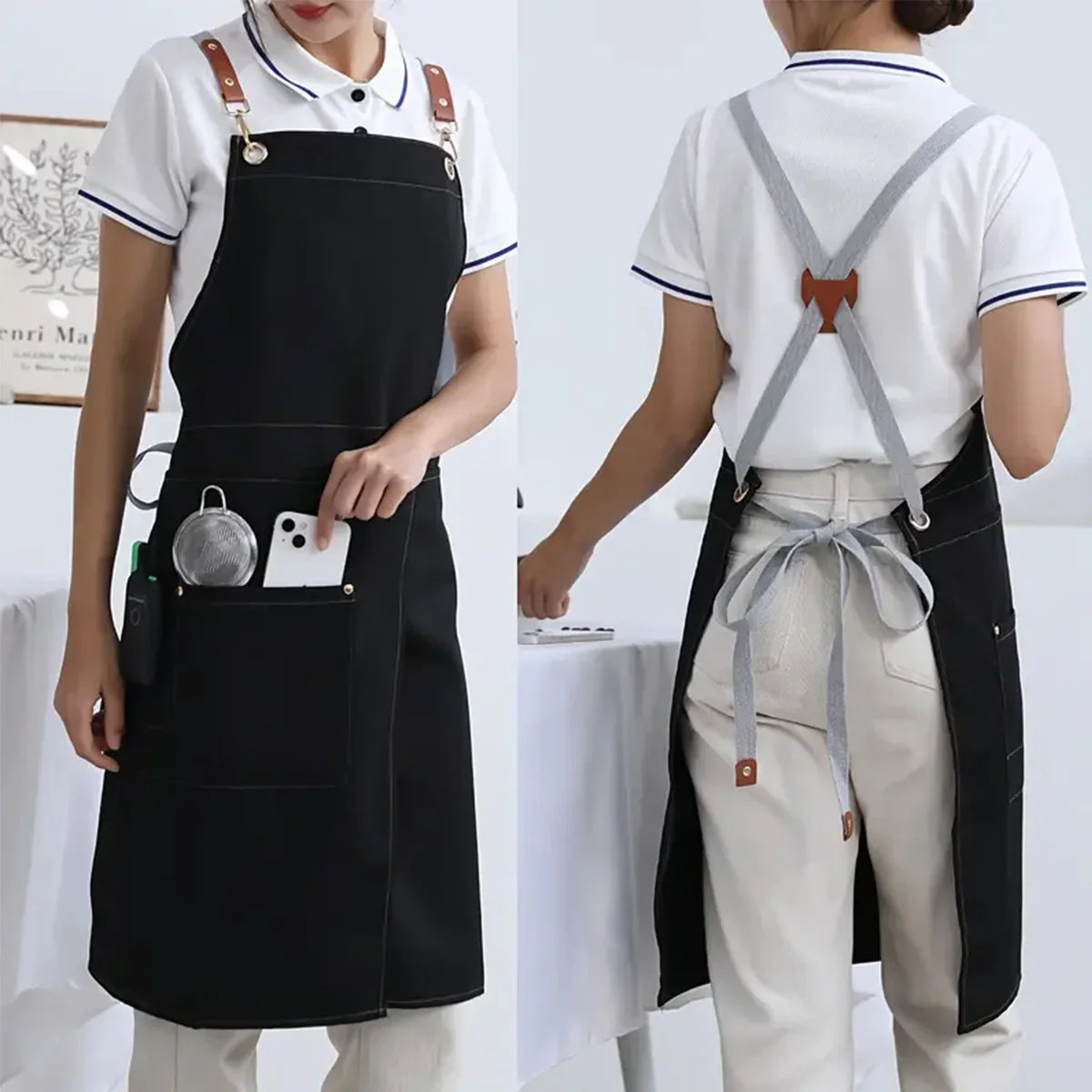 WorkEase | Delantal impermeable de lona | Diseño de falda dividida con bolsillos