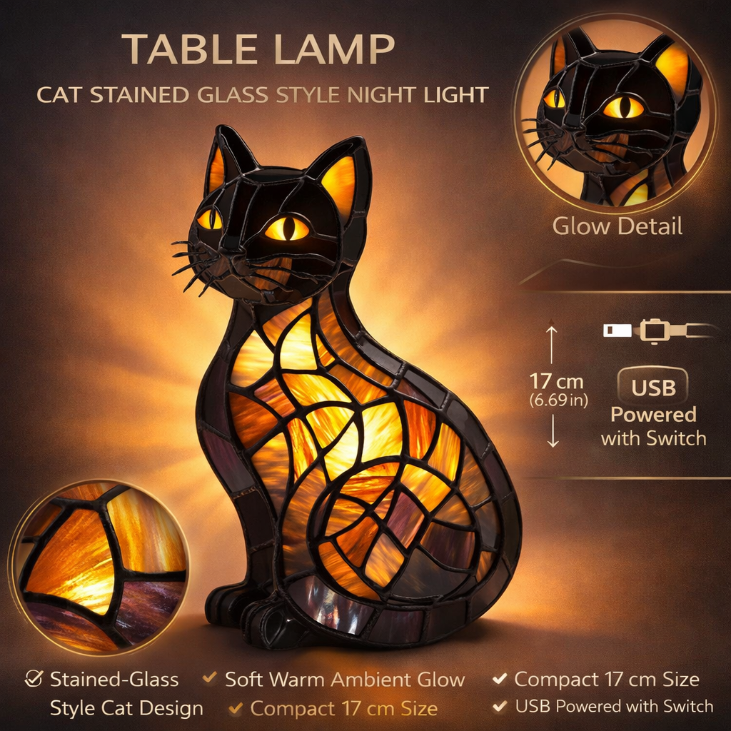 Lámpara de mesa gato estilo vidriera luz nocturna