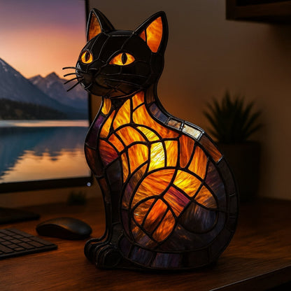 Lámpara de mesa gato estilo vidriera luz nocturna