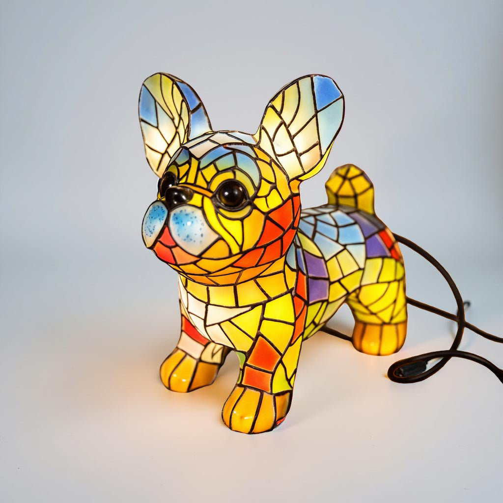 Lámpara de mesa figura de perro de vidrio emplomado luz de acento