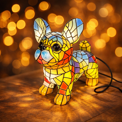 Lámpara de mesa figura de perro de vidrio emplomado luz de acento