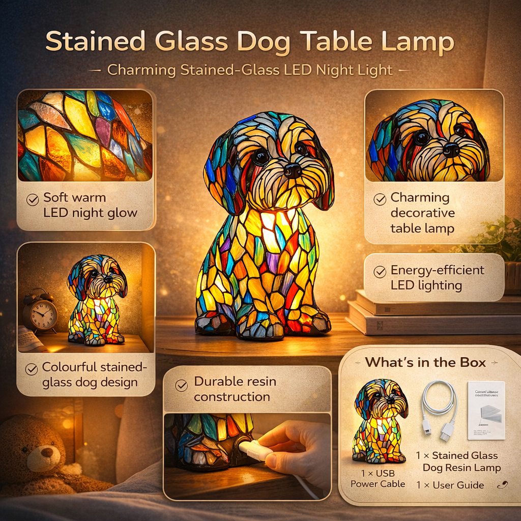 Lámpara de mesa con vitral de perro Luz nocturna LED Decoración de resina