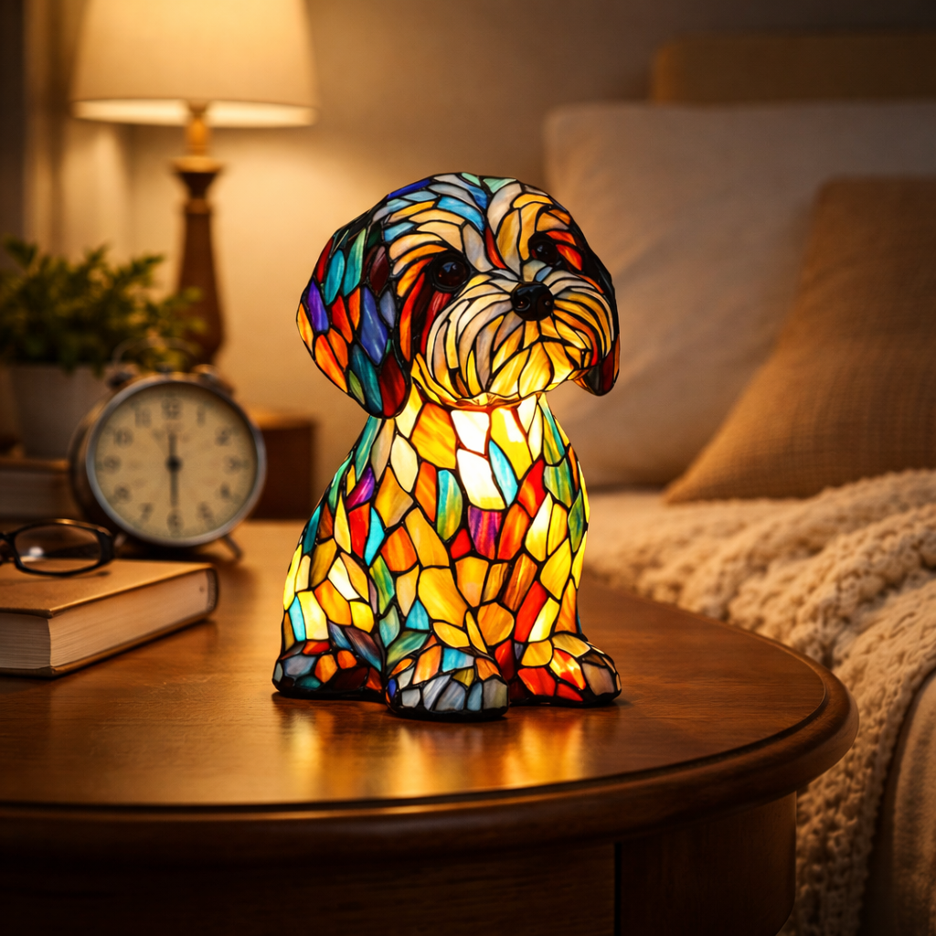 Lámpara de mesa con vitral de perro Luz nocturna LED Decoración de resina