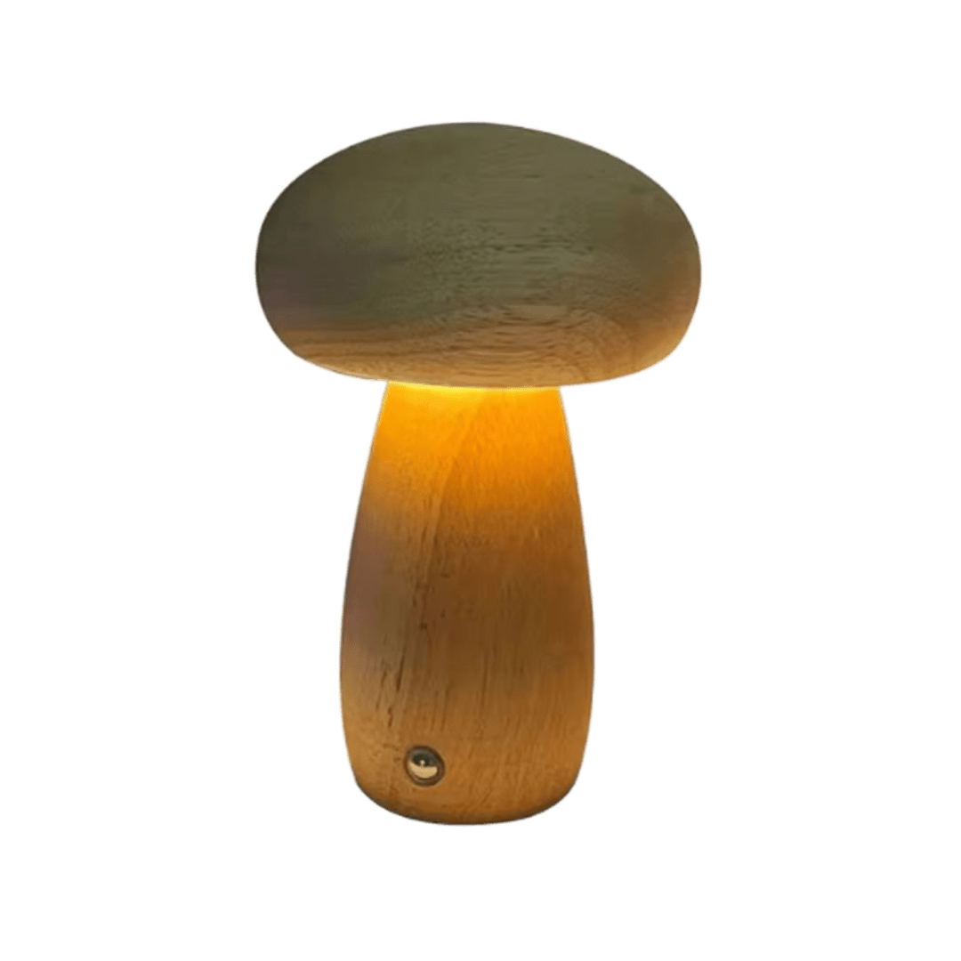 Lámpara de Champiñón Portobello | Luz Nocturna Recargable de Madera Natural