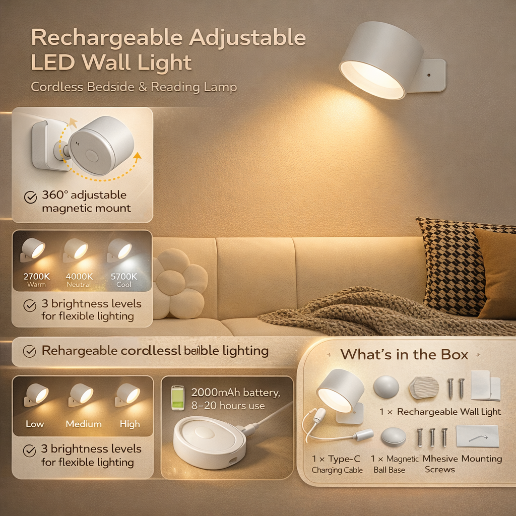 Lámpara Pared LED Recargable Magnética Ajustable