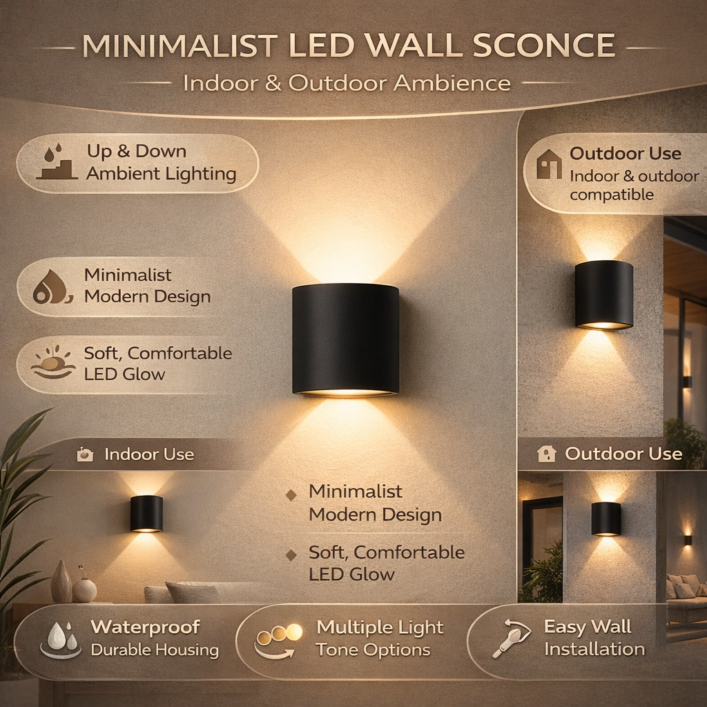 Luz de pared LED minimalista con iluminación hacia arriba y hacia abajo para interior y exterior