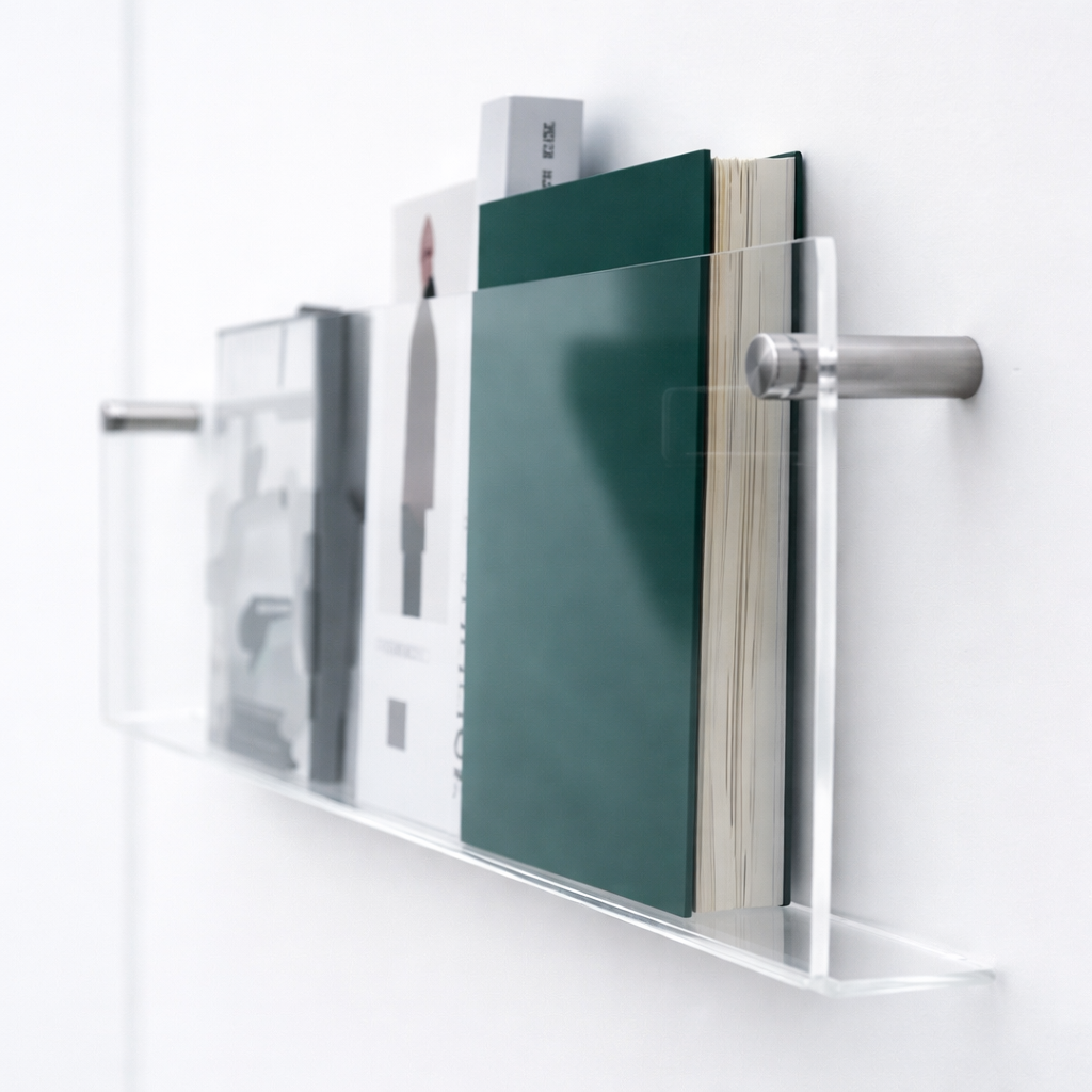 Estante de Pared Acrílico Flotante para Exhibición y Organización de Revistas