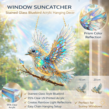 Atrapa-sol de ventana con vidriera de pájaro azul en acrílico colgante decorativo