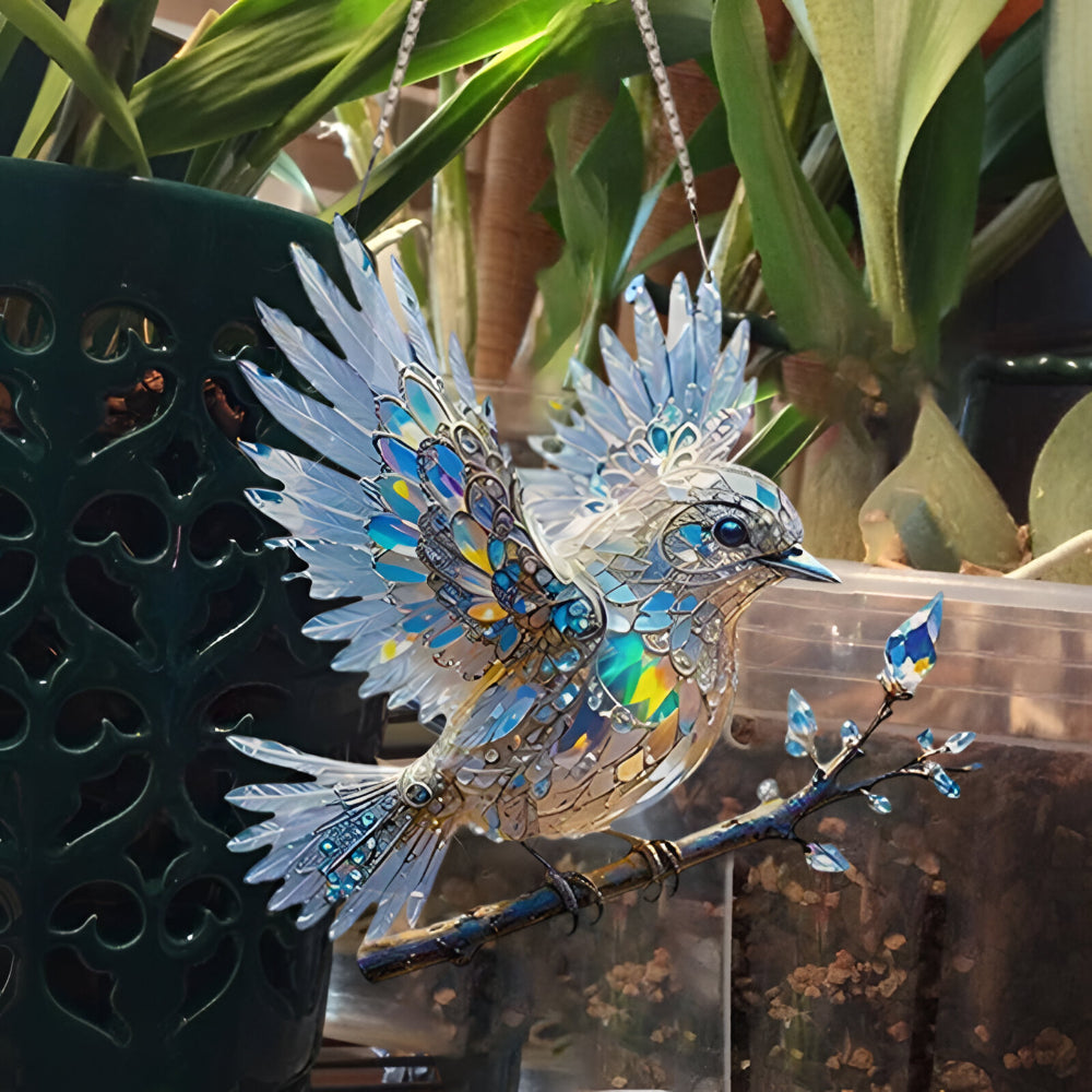 Atrapa-sol de ventana con vidriera de pájaro azul en acrílico colgante decorativo