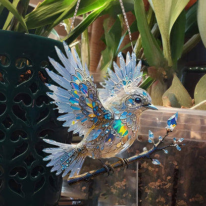 Atrapa-sol de ventana con vidriera de pájaro azul en acrílico colgante decorativo