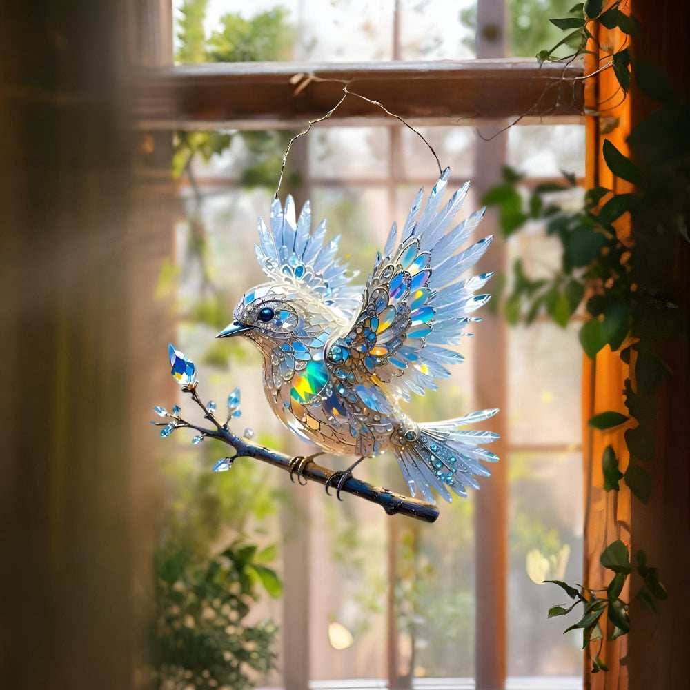Atrapa-sol de ventana con vidriera de pájaro azul en acrílico colgante decorativo