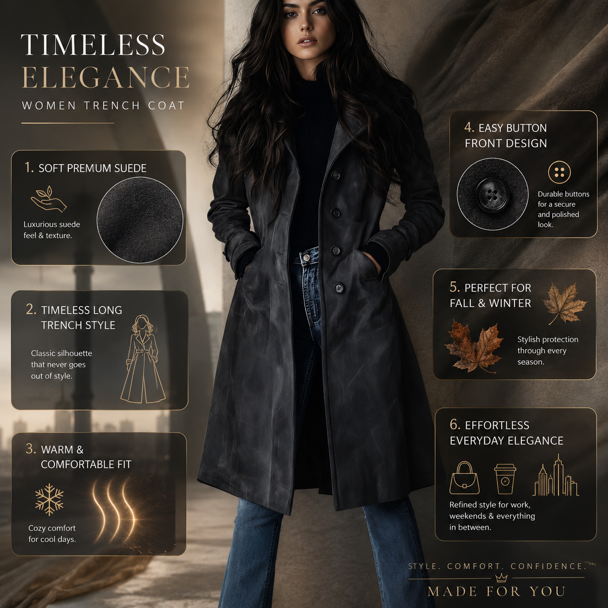 Abrigo largo de ante para mujer con botones delanteros, ideal para otoño