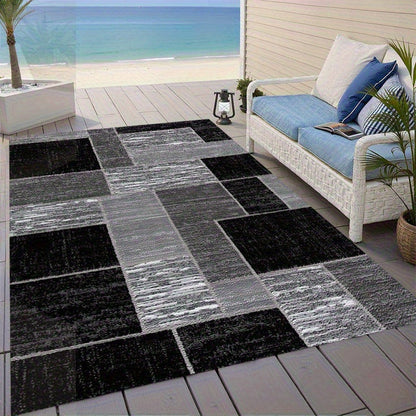 Alfombra de Exterior Coastal Grid | Tapete Moderno para Patio en Negro y Gris