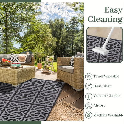 Alfombra Exterior Reversible | Tapete Moderno para Patio en Negro y Gris