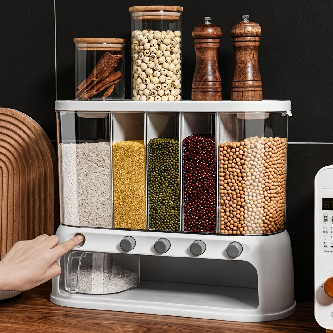 Contenedor de Almacenamiento de Granos para Cocina con Múltiples Compartimentos | Organizador de Despensa Hermético con Tapa Abatible