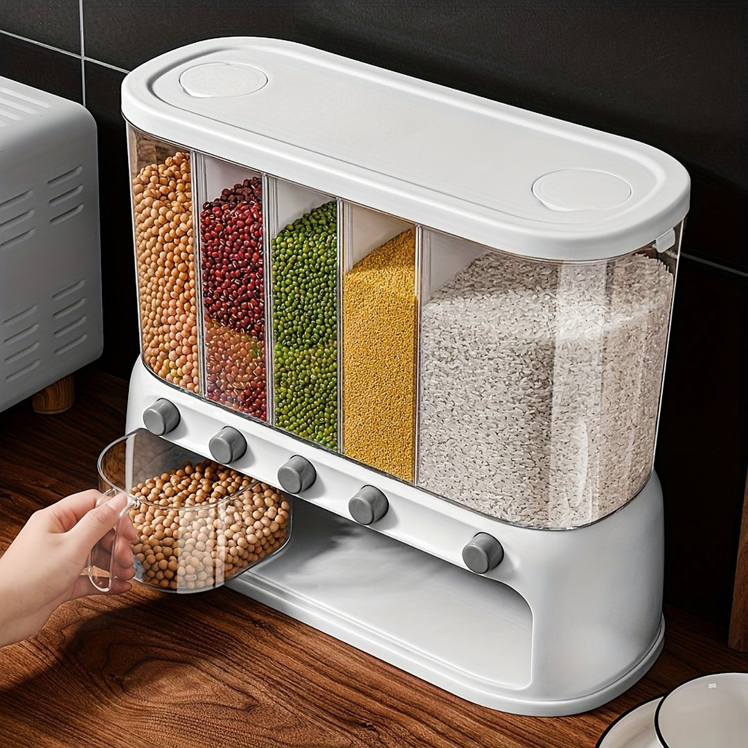 Contenedor de Almacenamiento de Granos para Cocina con Múltiples Compartimentos | Organizador de Despensa Hermético con Tapa Abatible