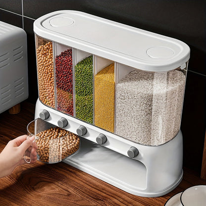 Contenedor de Almacenamiento de Granos para Cocina con Múltiples Compartimentos | Organizador de Despensa Hermético con Tapa Abatible
