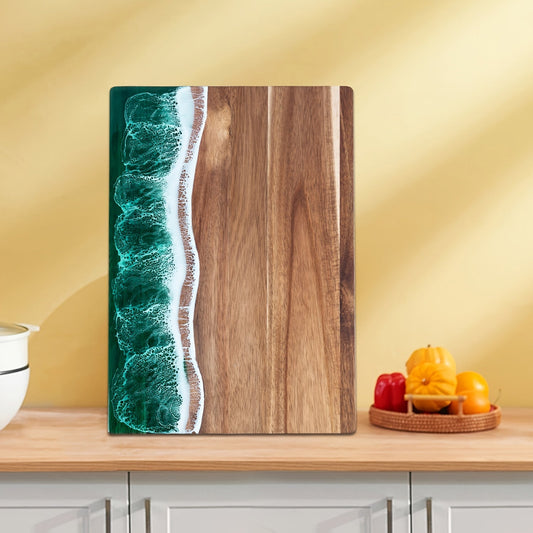 Tabla de cortar de resina con diseño de ola | Tabla para quesos y servir de madera de acacia inspirada en el océano
