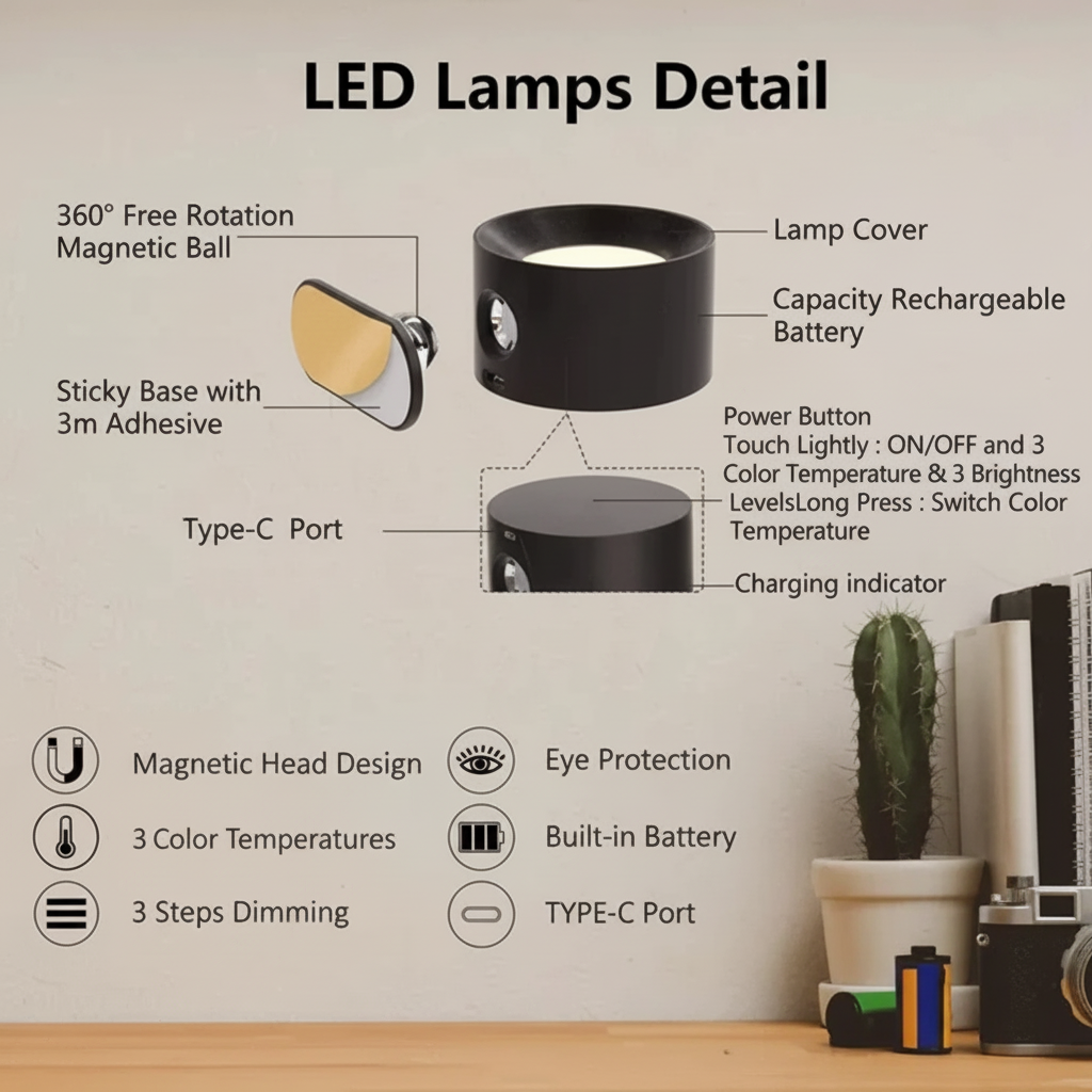 Lámpara Pared LED Recargable Magnética Ajustable
