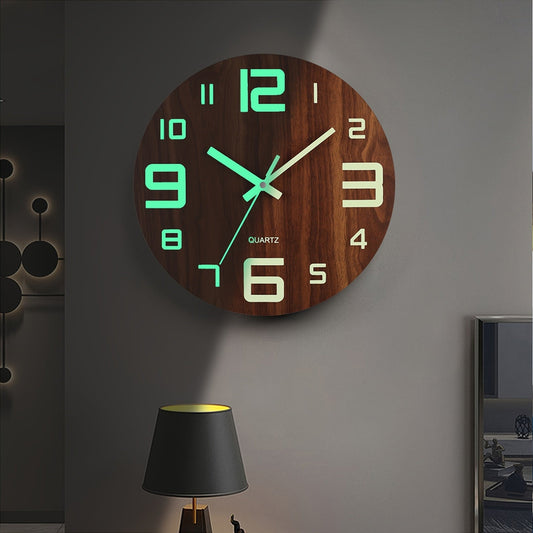 Reloj de Pared Luminoso de Nogal | Diseño de Madera Silencioso que Brilla en la Oscuridad