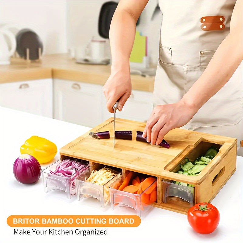 Tabla de cortar de bambú con bandejas de almacenamiento y ralladores | Estación multifuncional para preparación de cocina