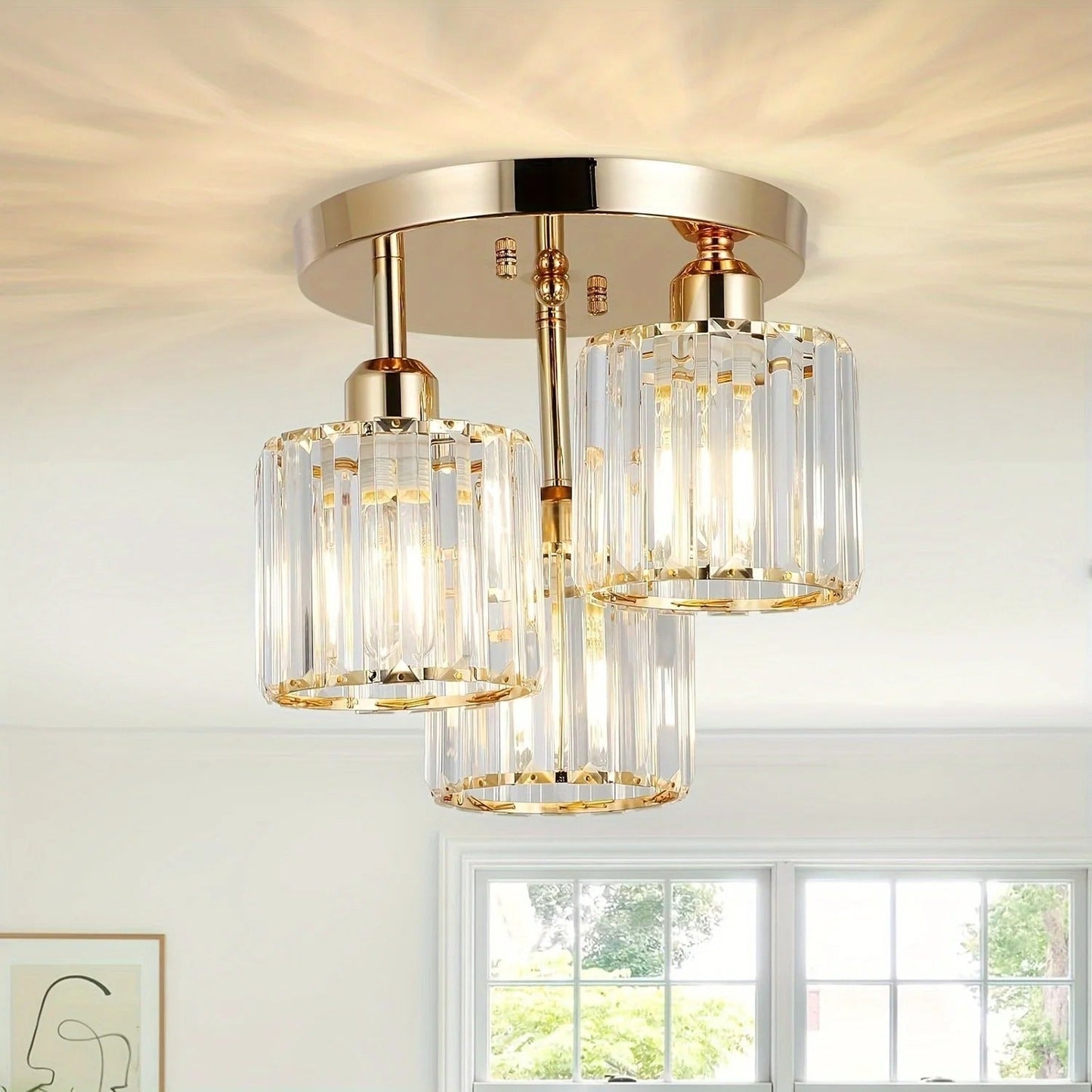 Lámpara de Techo de Cristal de Lujo Moderna en Oro | Montaje Semi Empotrado de 3 Luces